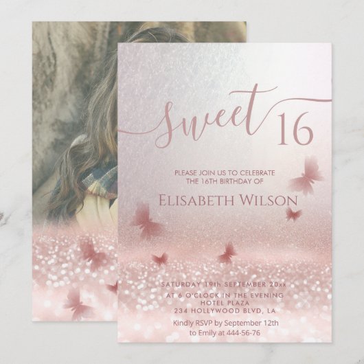 Romantisch Roos goud glittery ombre vlinder foto Kaart (Voorkant / Achterkant)