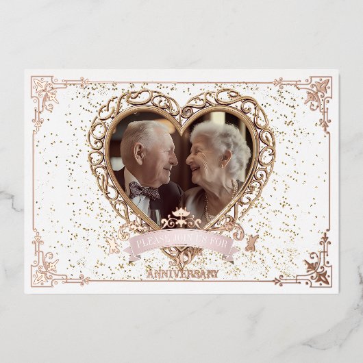 Romantisch Roos Goud Jubileum Folie Uitnodiging (Voorkant)