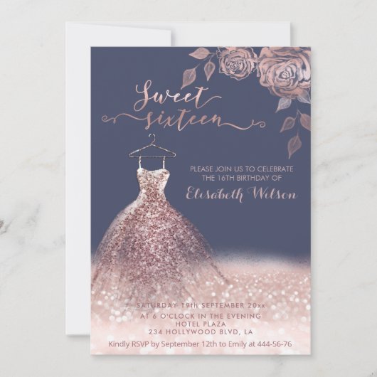 Romantisch Roos gouden glitterjurk rozen Kaart (Voorkant)