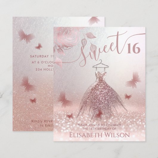 Romantisch Roos goudglitter ombre jurk vlinder (Voorkant / Achterkant)