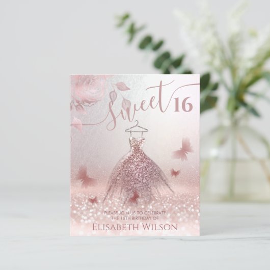 Romantisch Roos goudglitter ombre jurk vlinder (Staand voorkant)