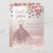 Romantisch Roos goudglitterjurk florale Invitatie Kaart (Voorkant / Achterkant)