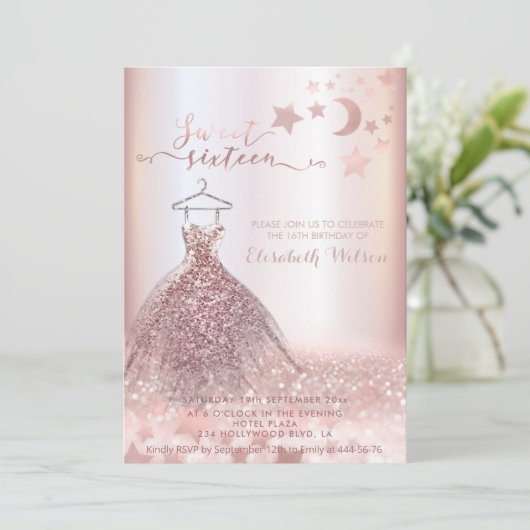 Romantisch Roos goudglitterjurk hemellichaam Invit Kaart (Staand voorkant)