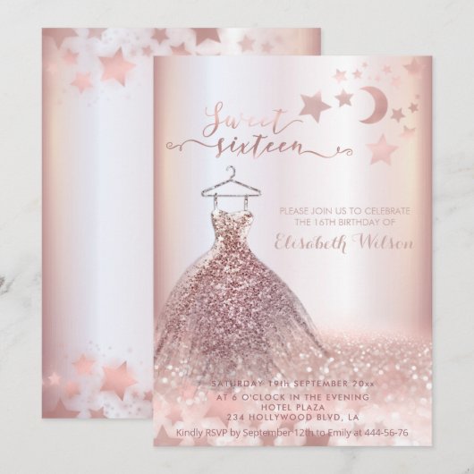 Romantisch Roos goudglitterjurk hemellichaam Invit Kaart (Voorkant / Achterkant)