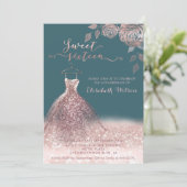 Romantisch Roos goudglitterjurk rozen Uitnodiging (Staand voorkant)