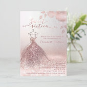 Romantisch Roos goudglitterjurk rozen Uitnodiging (Staand voorkant)