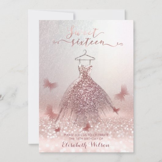 Romantisch Roos goudglitterjurk vlinder Kaart (Voorkant)