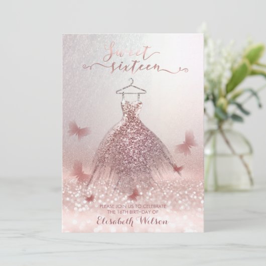 Romantisch Roos goudglitterjurk vlinder Kaart (Staand voorkant)