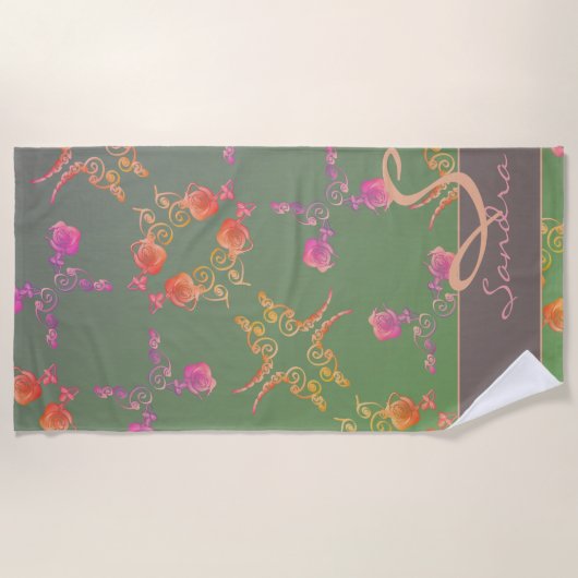 Romantisch Roos Harten en plum Moss Monogram Strandlaken (Voorkant)