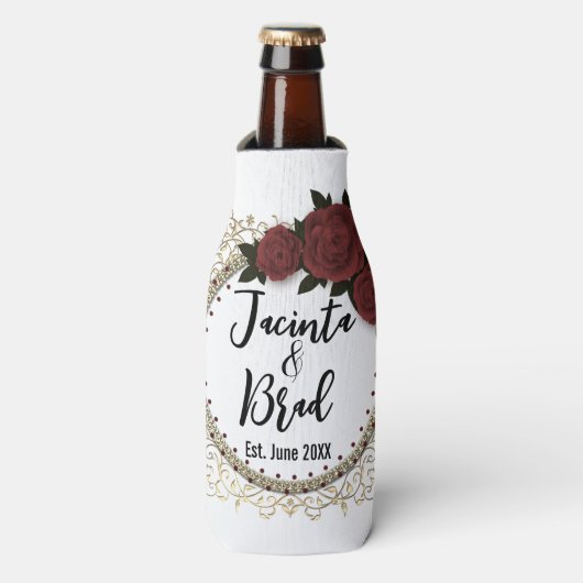 Romantisch Roos krans bruiloft gepersonaliseerd Flesjeskoeler (Fles Voorkant)