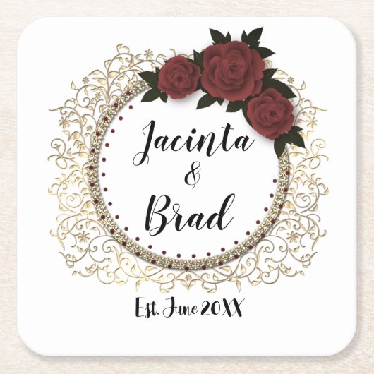 Romantisch Roos krans bruiloft gepersonaliseerd Kartonnen Onderzetters (Voorkant)