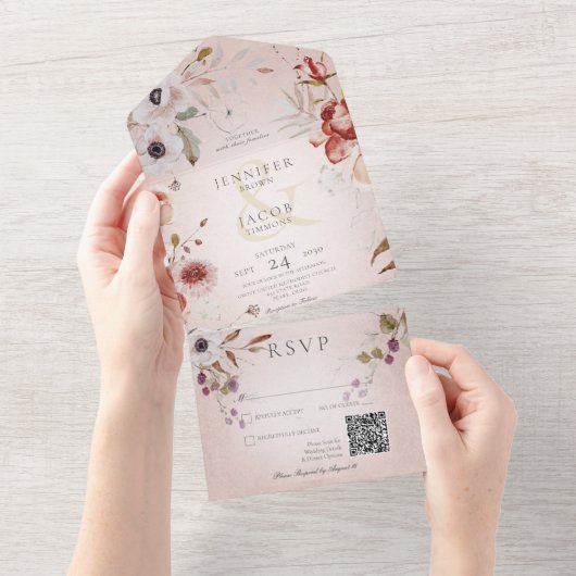 Romantisch Roos Roze Floral QR-code All In One Uitnodiging (Afscheurbaar)
