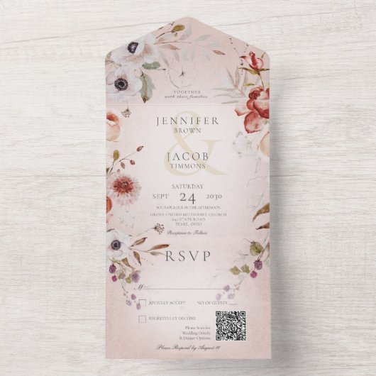 Romantisch Roos Roze Floral QR-code All In One Uitnodiging (Binnen)