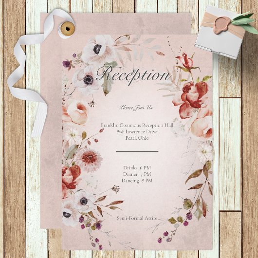 Romantisch Roos Roze Floral Wedding Reception Kaar Informatiekaartje