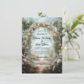 Romantisch roos stenen boog verhalenboek bruiloft kaart (Staand voorkant)