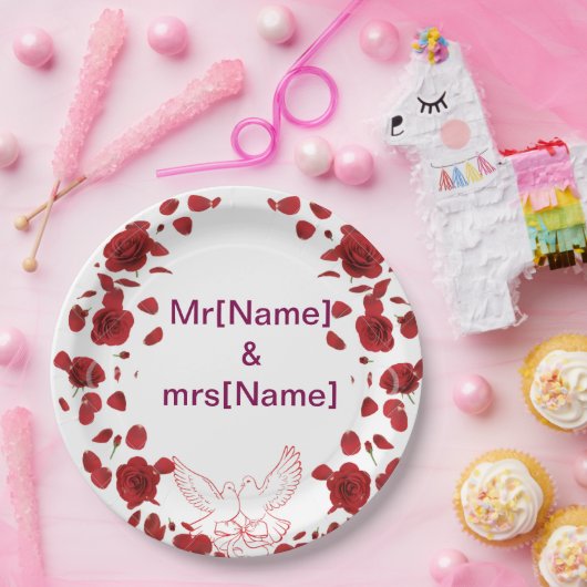 Romantisch Roos Trouwpapier Bord met aangepaste na (Feest)