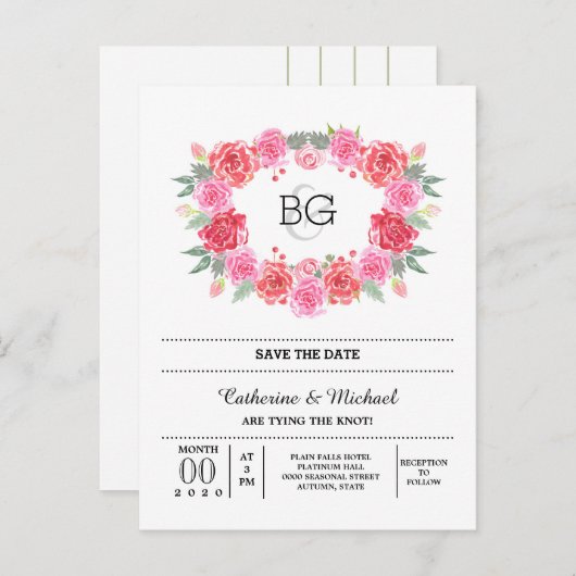 Romantisch roos waterverf krans aankondigingskaart (Voorkant / Achterkant)