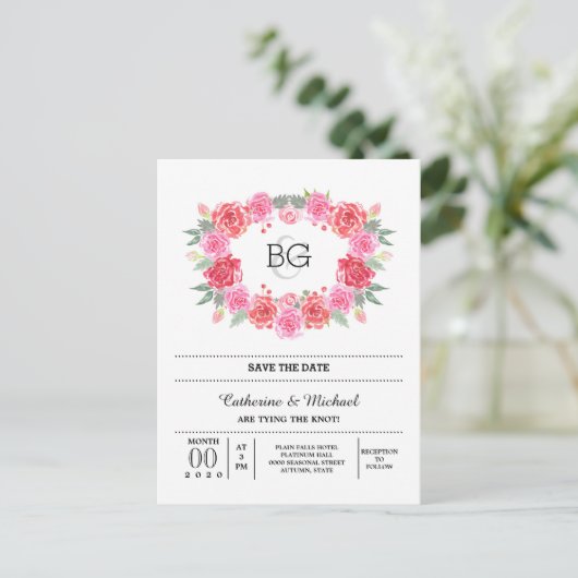 Romantisch roos waterverf krans aankondigingskaart (Staand voorkant)