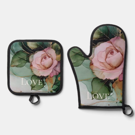 Romantisch Roos Wit Roze Goud Bloemen Liefde Ovenwant & Pannenlap Set (Voorkant)