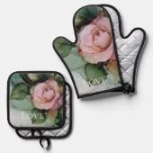 Romantisch Roos Wit Roze Goud Bloemen Liefde Ovenwant & Pannenlap Set (Voorkant / Achterkant)