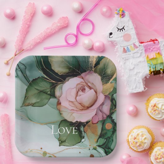 Romantisch Roos Wit Roze Goud Bloemen Liefde Trouw Papieren Bordje (Feest)