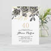 Romantisch Roos Zwart & Goud Verjaardagsuitnodigin Kaart (Staand voorkant)