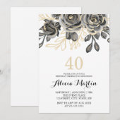 Romantisch Roos Zwart & Goud Verjaardagsuitnodigin Kaart (Voorkant / Achterkant)