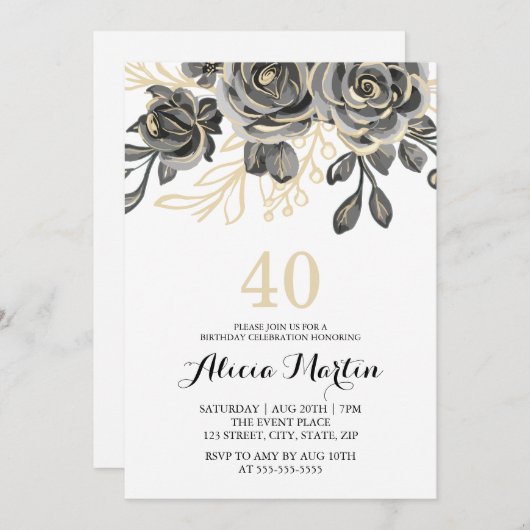 Romantisch Roos Zwart & Goud Verjaardagsuitnodigin Kaart (Voorkant / Achterkant)