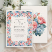 Romantisch Roze Blauw Waterverf Bloemen Bruiloft Kaart