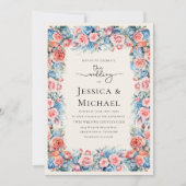 Romantisch Roze Blauw Waterverf Bloemen Bruiloft Kaart (Voorkant)