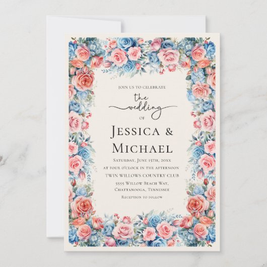 Romantisch Roze Blauw Waterverf Bloemen Bruiloft Kaart (Voorkant)