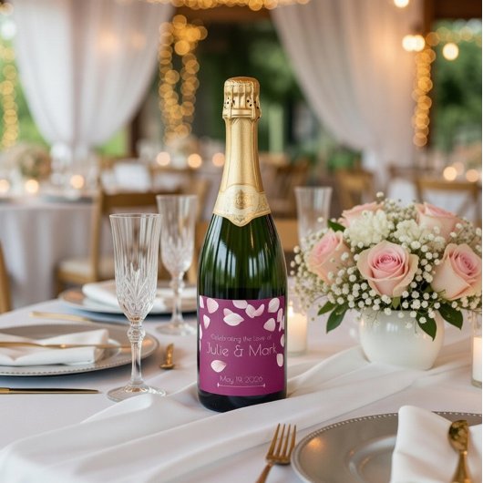 Romantisch Roze Bloemblaadjes Aangepaste Champagne Sparkling Wijnetiket
