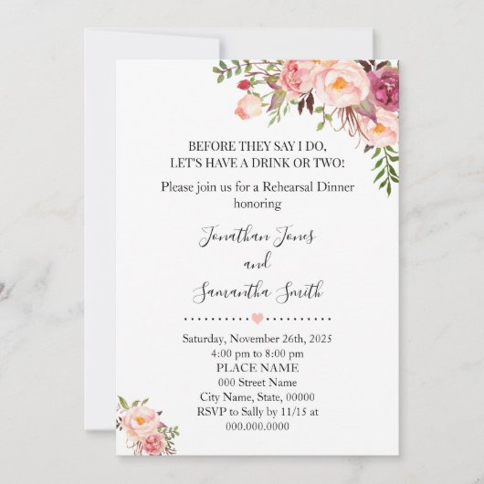 Romantisch Roze Bloemen Boho Chique repetitie dine Kaart (Voorkant)