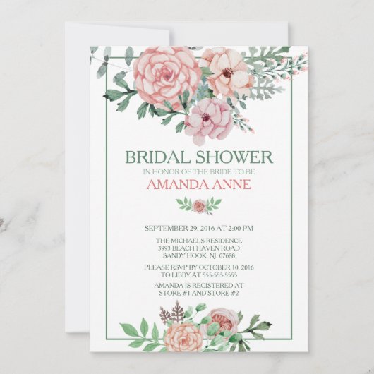 Romantisch Roze Bloemen Bruids Douche Uitnodiging (Voorkant)