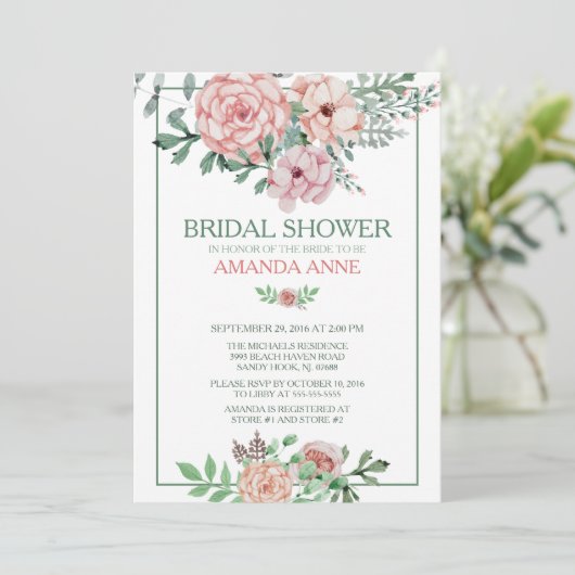 Romantisch Roze Bloemen Bruids Douche Uitnodiging (Staand voorkant)
