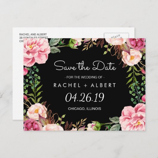 Romantisch Roze Bloemen Classy Bruiloft Save the D Aankondigingskaart (Voorkant / Achterkant)