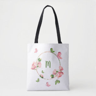 Romantisch roze bloemen groen tote bag