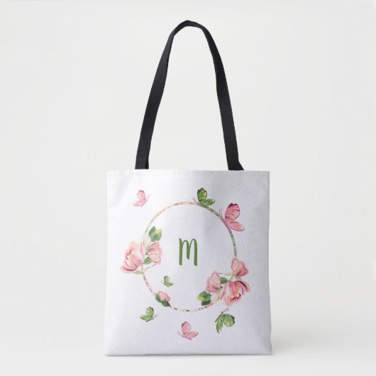 Romantisch roze bloemen groen tote bag (Voorkant)