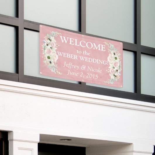 Romantisch Roze Bloemen Trouwbanner Spandoek (Buitenkant Gebouw)