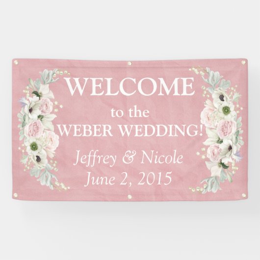 Romantisch Roze Bloemen Trouwbanner Spandoek (Horizontaal)