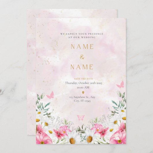 Romantisch roze & Bloemen waterverf huwelijksuitno Kaart (Voorkant / Achterkant)