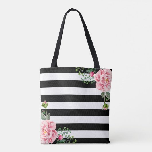 Romantisch Roze Bloemen Zwart Witte Strepen Tote Bag (Achterkant)