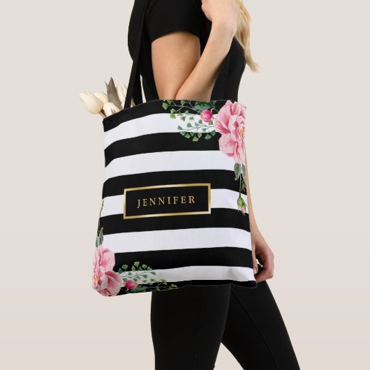 Romantisch Roze Bloemen Zwart Witte Strepen Tote Bag (Dichtbij)