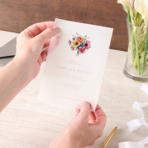 Romantisch roze bloemenboeket vellum uitnodigingen