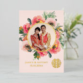 Romantisch roze bloemenkoppel chinese bruiloft fot folie uitnodiging (Staand Voorkant)