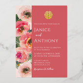 Romantisch roze bloemenkoppel chinese bruiloft fot folie uitnodiging (Achterkant)