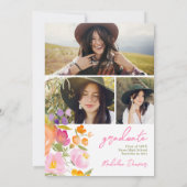  romantisch roze bloemig 3 foto's afstuderen kaart (Achterkant)