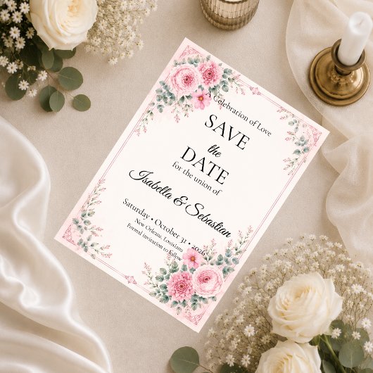 Romantisch Roze Bloemmotief Save The Date