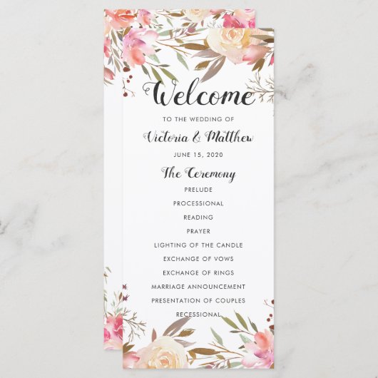 Romantisch Roze Bloesem Bloemig Huwelijksprogramma Programmakaart (Voorkant / Achterkant)