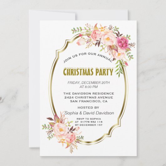 Romantisch Roze Blush Bloemen Goud Kerstfeest Kaart (Voorkant)